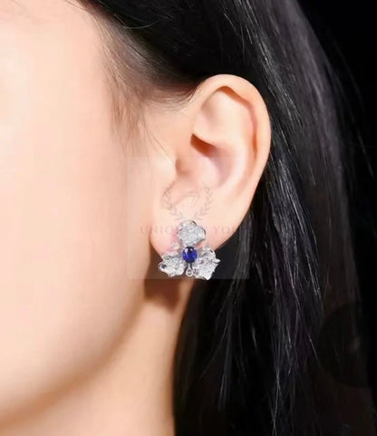 1.55ct Unheated Royal Blue Sapphire Diamond Flower Stud Earrings  Uniquely You Online