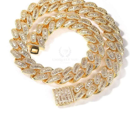 14mm Baguette Cuban Link Chain and Bracelet