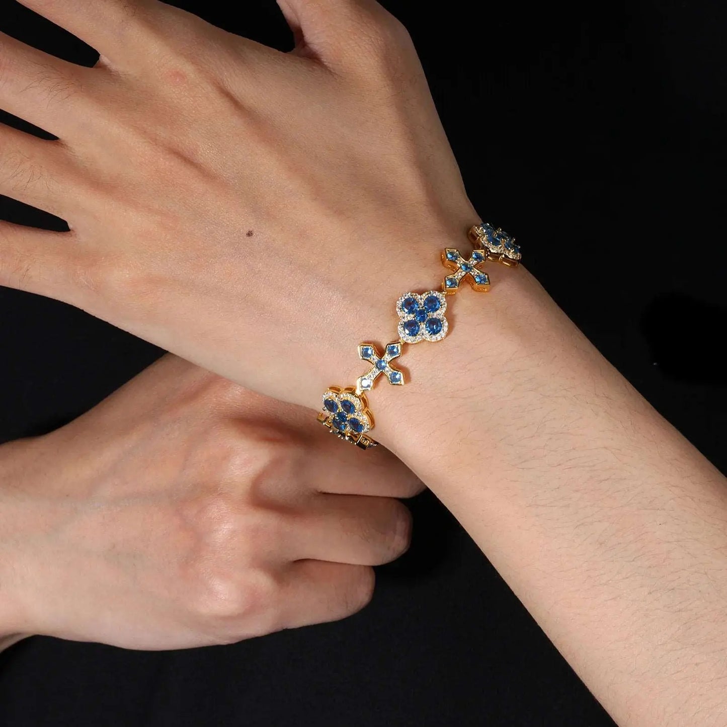 14mm Moissanite 4-Leaf Flower and Cross Bracelet