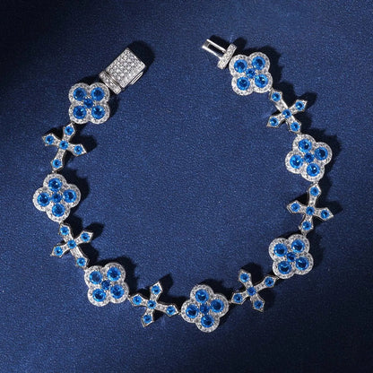 14mm Moissanite 4-Leaf Flower and Cross Bracelet