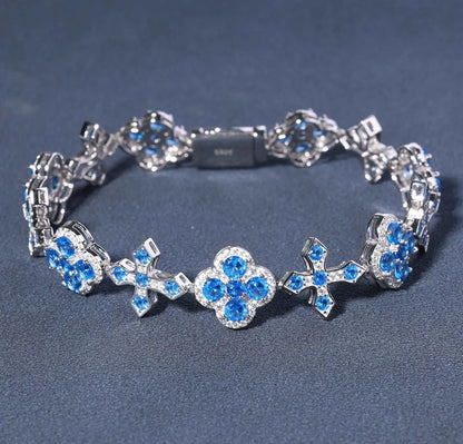 14mm Moissanite 4-Leaf Flower and Cross Bracelet