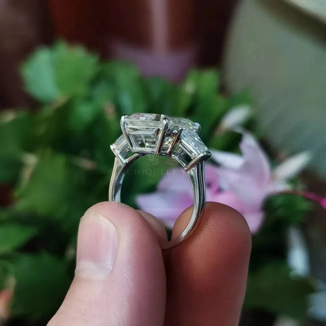 8ct Emerald Cut Moissanite Ring with Tapered Baguettes - Uniquely You Online