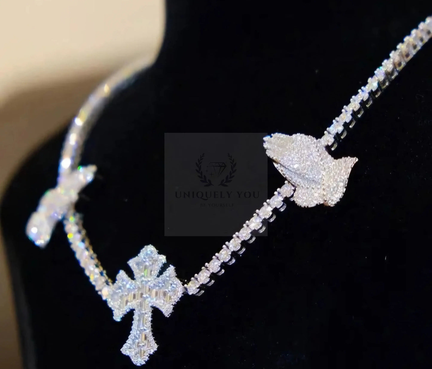 Baguette VVS Moissanite Cross Pray Tennis Chain  Uniquely You Online