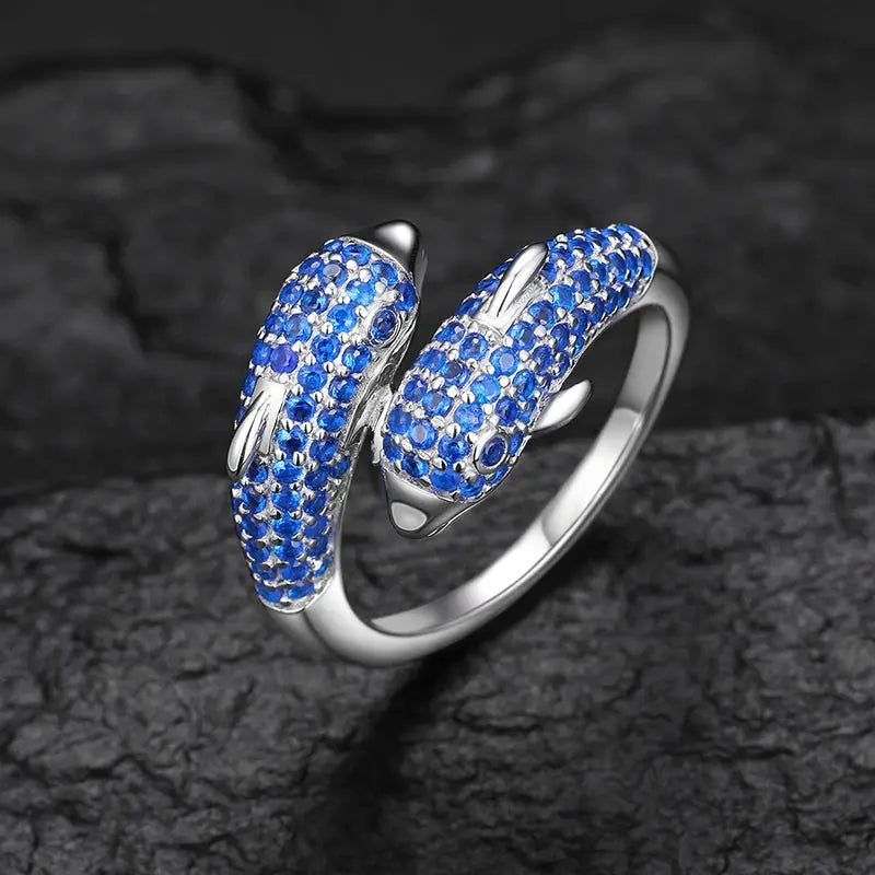 CZ Blue Dolphin Duo Ring