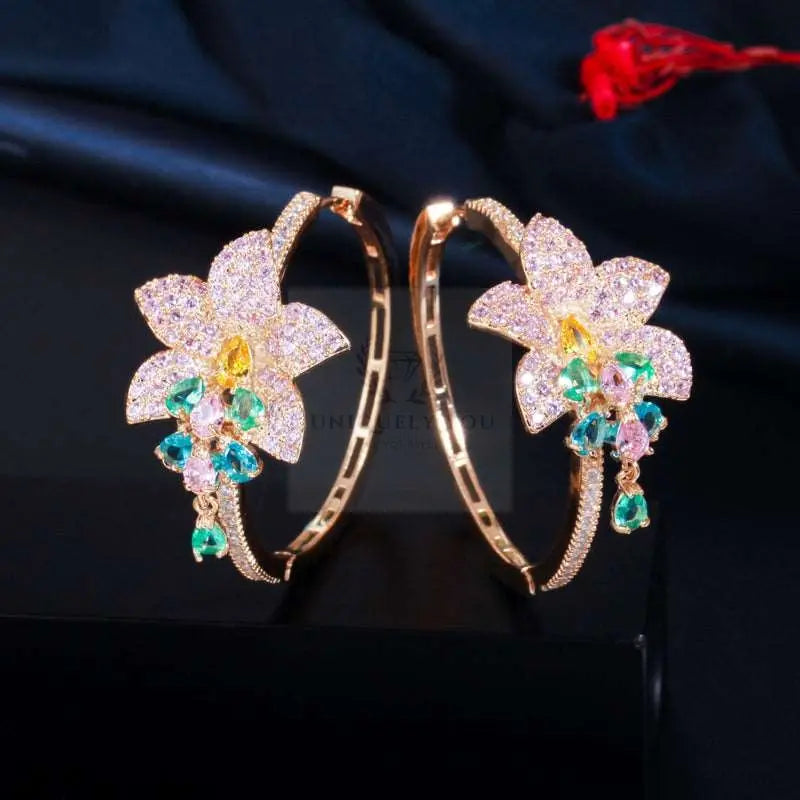 Drop Flower Hoop Earrings