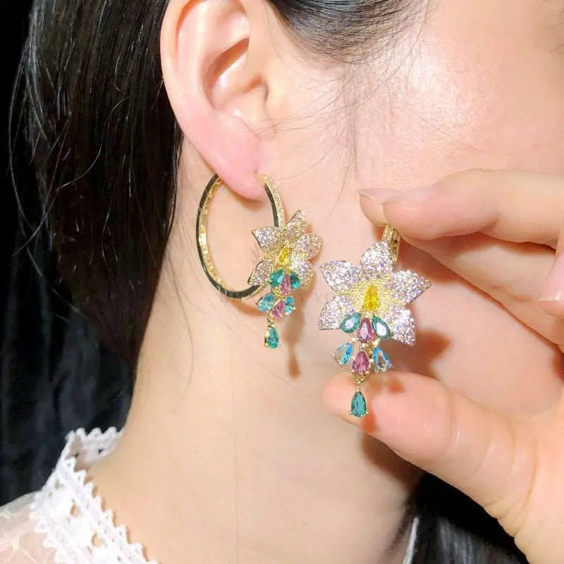 Drop Flower Hoop Earrings