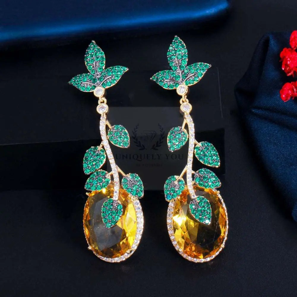 Leaf Drop Yellow Crystal Earrings