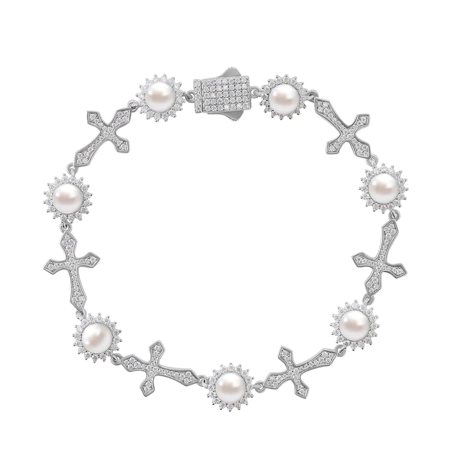 Moissanite Sun Pearl and Cross Link Bracelet - Uniquely You Online