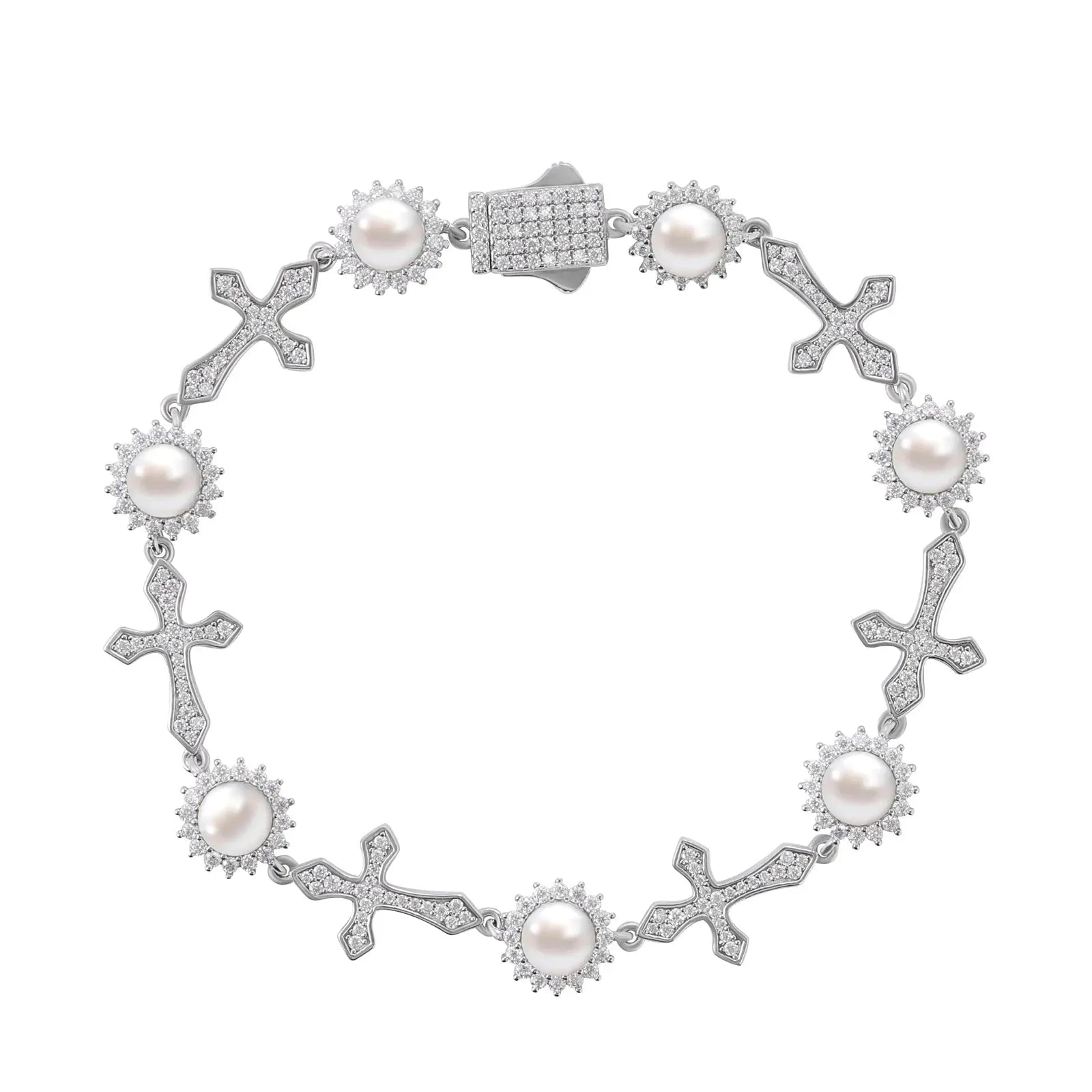 Moissanite Sun Pearl and Cross Link Bracelet - Uniquely You Online