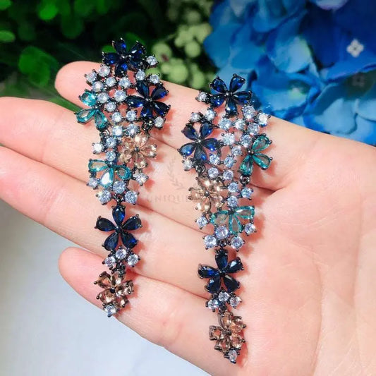 Multicolor Blue Drop Flower Earrings