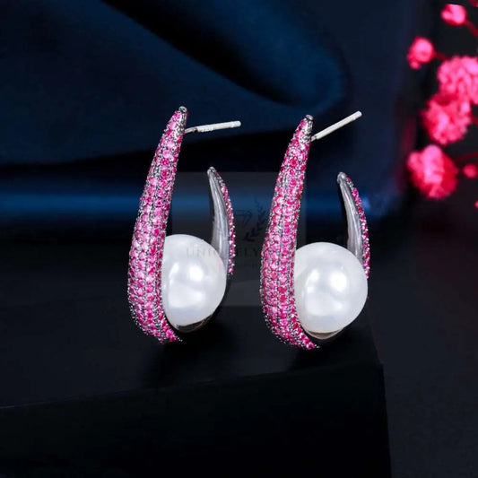 Créatif demi-rond Micro pavé rose vif zircon cubique perle goutte grand cerceau boucles d'oreilles pour les femmes Unique bijoux fins 