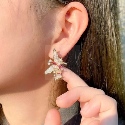 Pendientes colgantes de mariposa doble de rubí