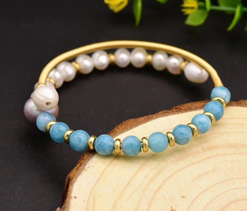 Natural Pearl Aquamarine Bangle - Uniquely You Online - Bracelet