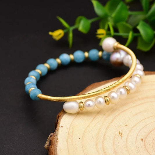Natural Pearl Aquamarine Bangle - Uniquely You Online - Bracelet