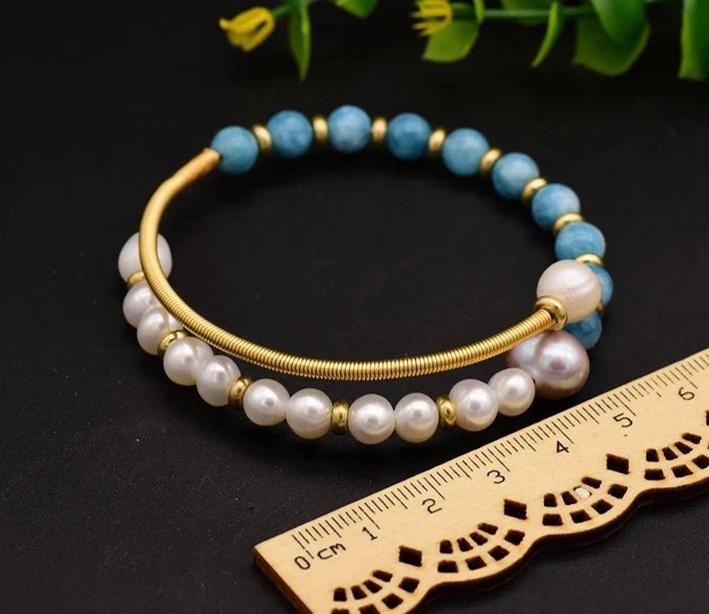 Natural Pearl Aquamarine Bangle - Uniquely You Online - Bracelet