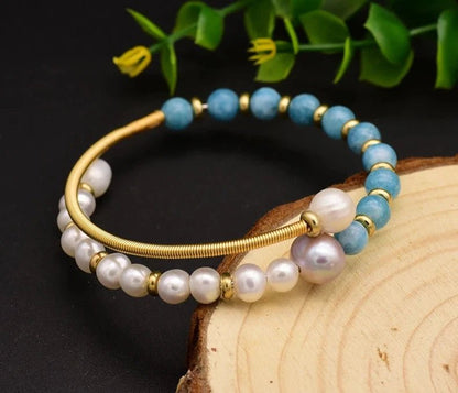 Natural Pearl Aquamarine Bangle - Uniquely You Online - Bracelet