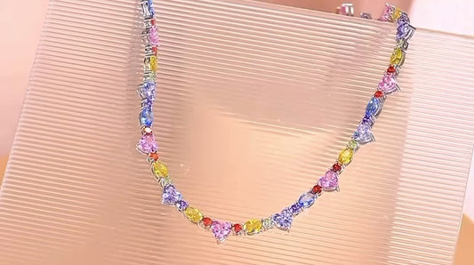 CZ Heart Multicolor Tennis Necklace