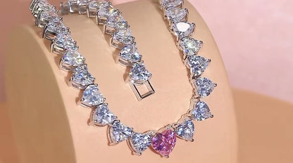 CZ Sparkling Pink Heart Tennis Necklace