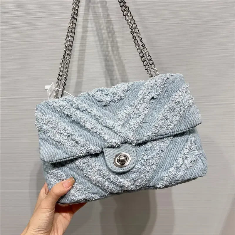 Quilted Denim Fringe Handbag - Uniquely You Online - Handbag