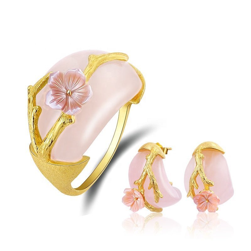 Rose Quartz Plum Flower Earring and Ring Set - Uniquely You Online - Jewelry Set