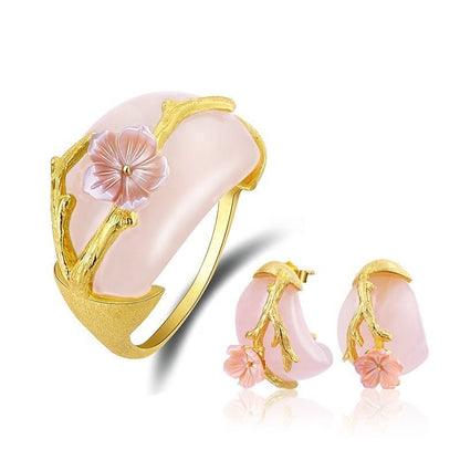 Rose Quartz Plum Flower Earring and Ring Set - Uniquely You Online - Jewelry Set