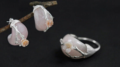 Rose Quartz Plum Flower Earring and Ring Set - Uniquely You Online - Jewelry Set