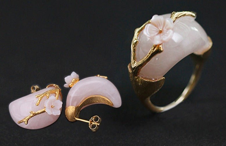 Rose Quartz Plum Flower Earring and Ring Set - Uniquely You Online - Jewelry Set