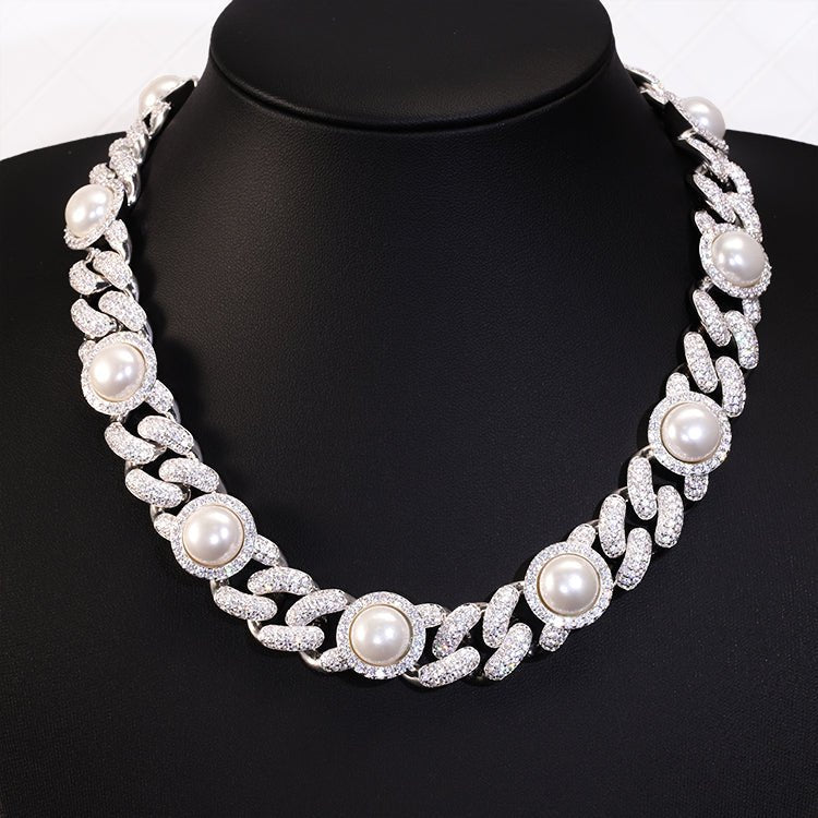 17mm Pearl and Moissanite Cuban Chain Link Chain - Uniquely You Online - Necklace