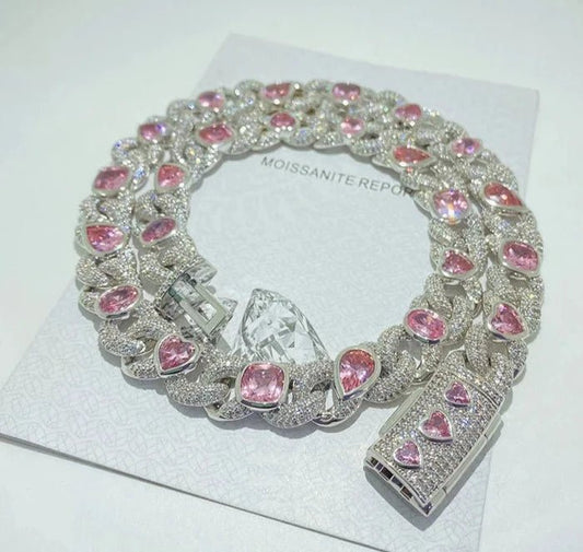 18mm Moissanite Pink Shapes Cuban Link Chain - Uniquely You Online - Necklace