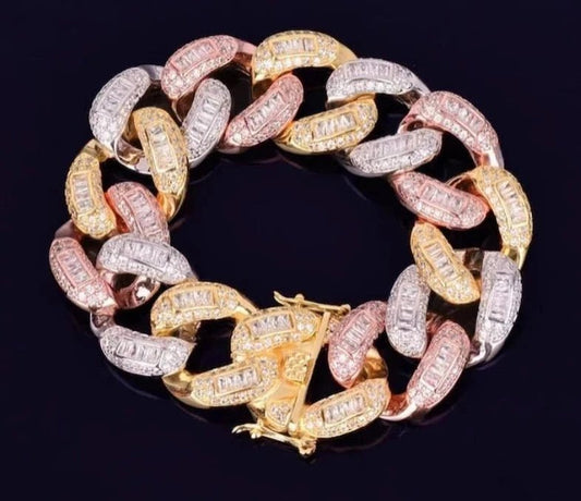 20mm Tri-color Cuban Link Moissanite Baguette Bracelet - Uniquely You Online - Bracelet