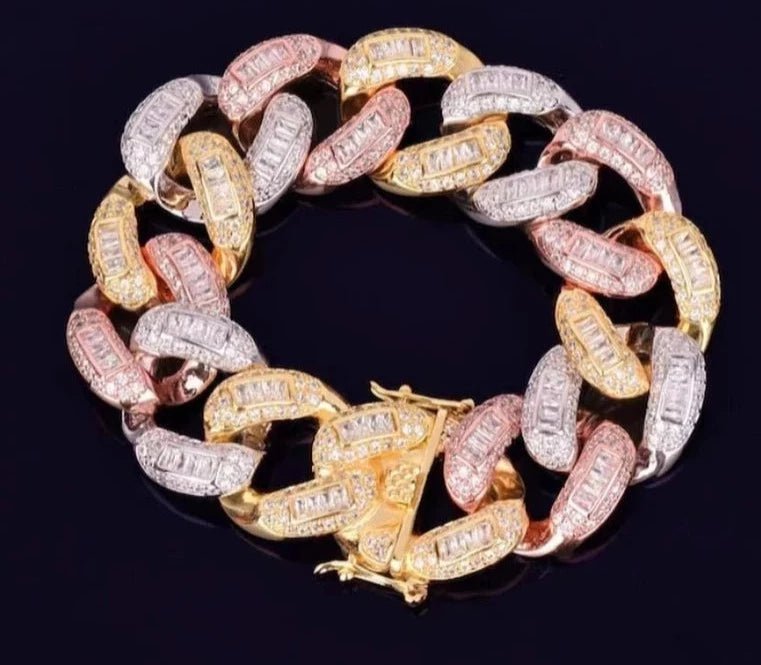 20mm Tri-color Cuban Link Moissanite Baguette Bracelet - Uniquely You Online - Bracelet