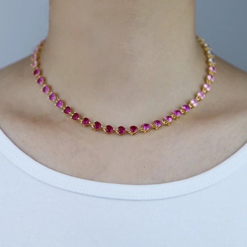 5mm CZ Gradient Pink and Red Heart Tennis Necklace - Uniquely You Online - Necklace