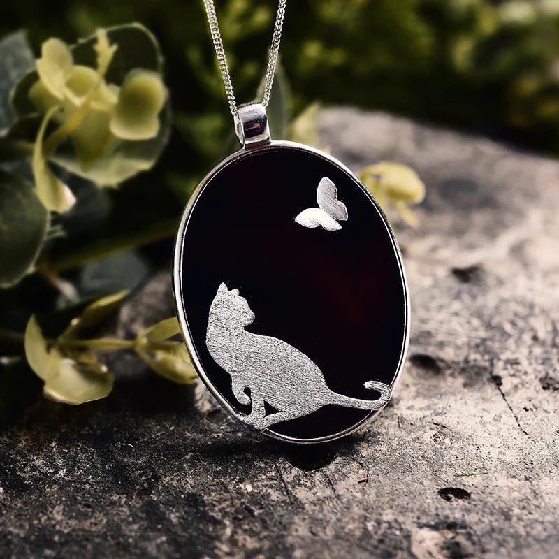 Agate Cat and Butterfly Pendant - Uniquely You Online - Pendant