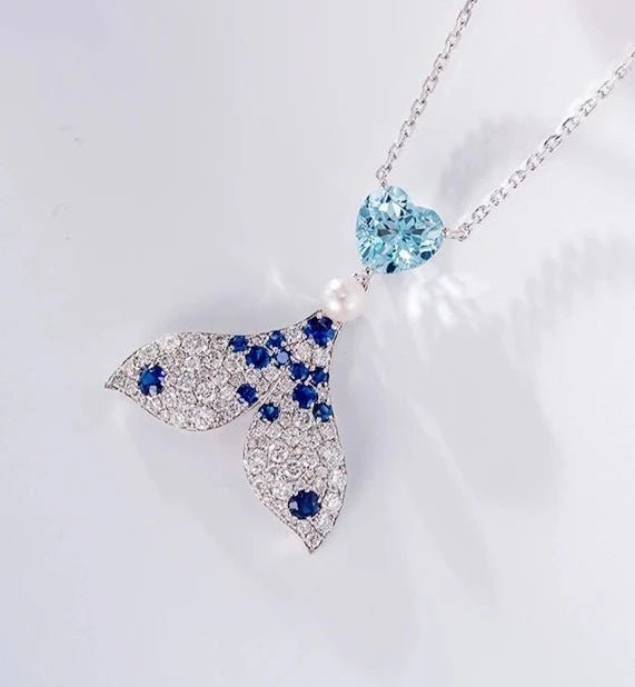 Aquamarine Diamond Fish Tail Love Necklace - Uniquely You Online - Pendant with Necklace