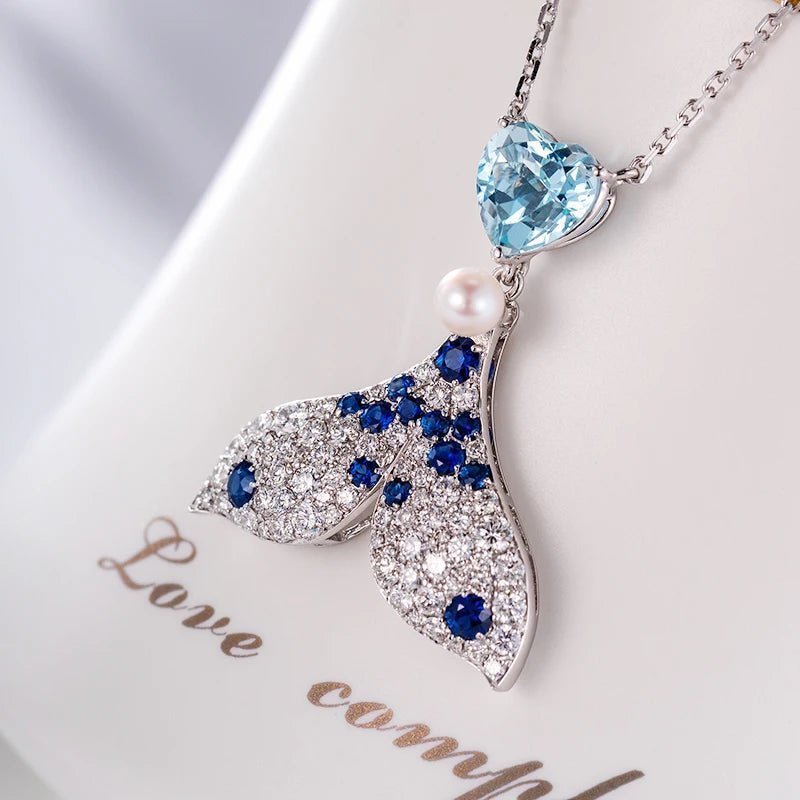 Aquamarine Diamond Fish Tail Love Necklace - Uniquely You Online - Pendant with Necklace