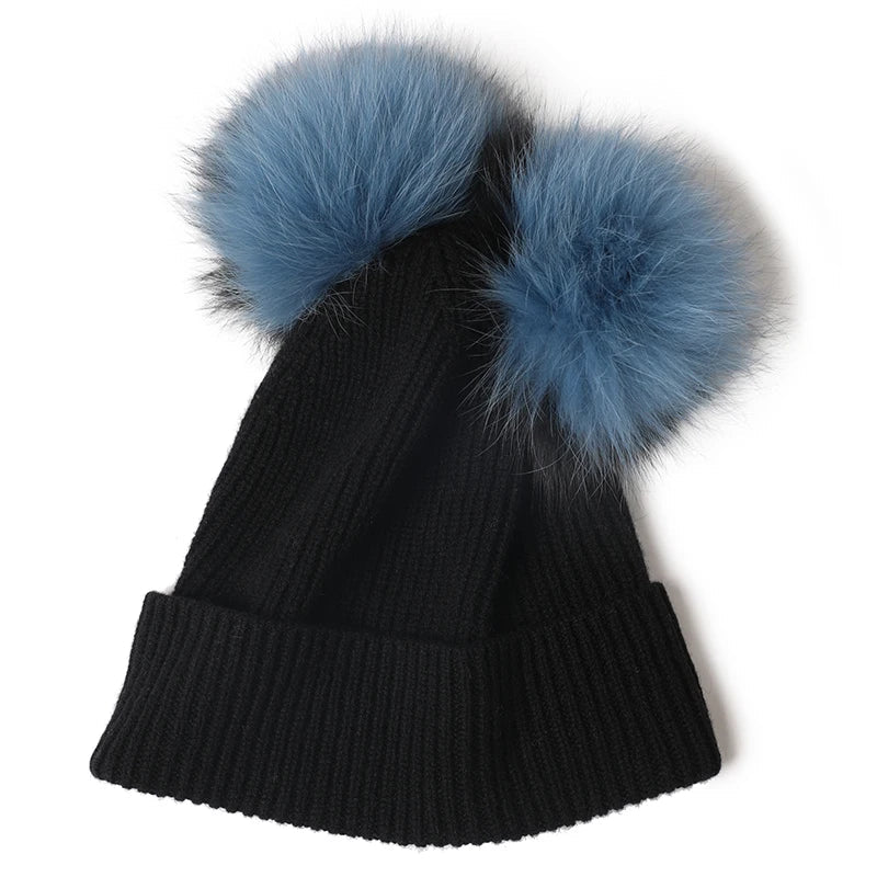 Cashmere Fox Fur Pom Pom Knitted Beanie - Uniquely You Online - Hat