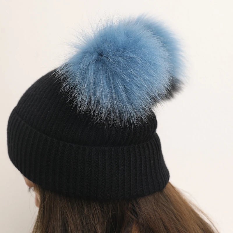 Cashmere Fox Fur Pom Pom Knitted Beanie - Uniquely You Online - Hat