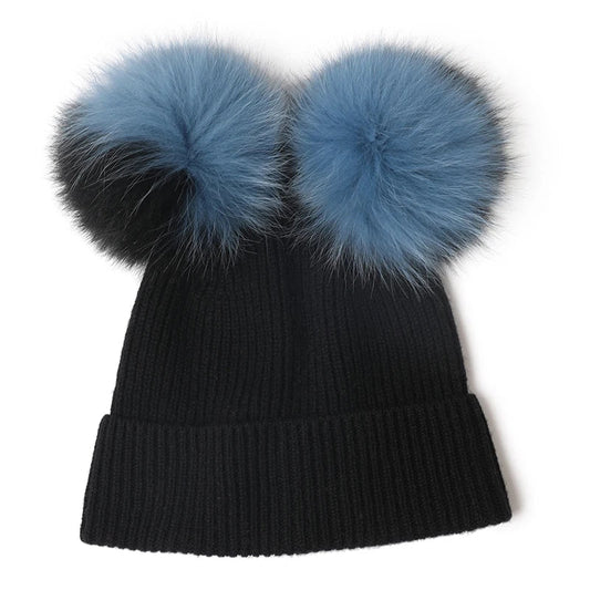 Cashmere Fox Fur Pom Pom Knitted Beanie - Uniquely You Online - Hat