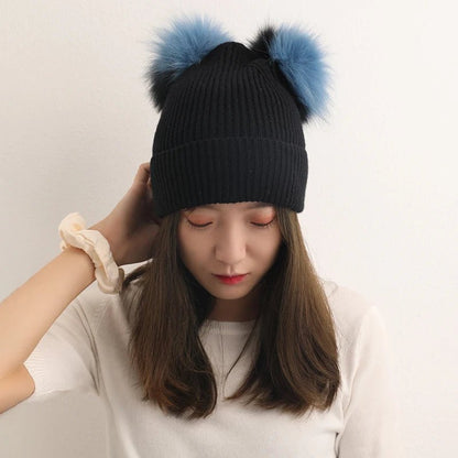 Cashmere Fox Fur Pom Pom Knitted Beanie - Uniquely You Online - Hat