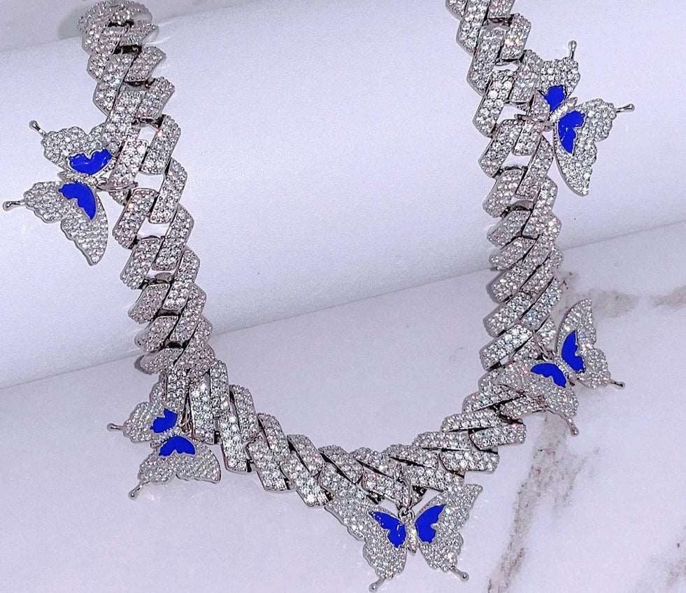 CZ Blue Butterfly Cuban Link Charm Necklace - Uniquely You Online - Necklace