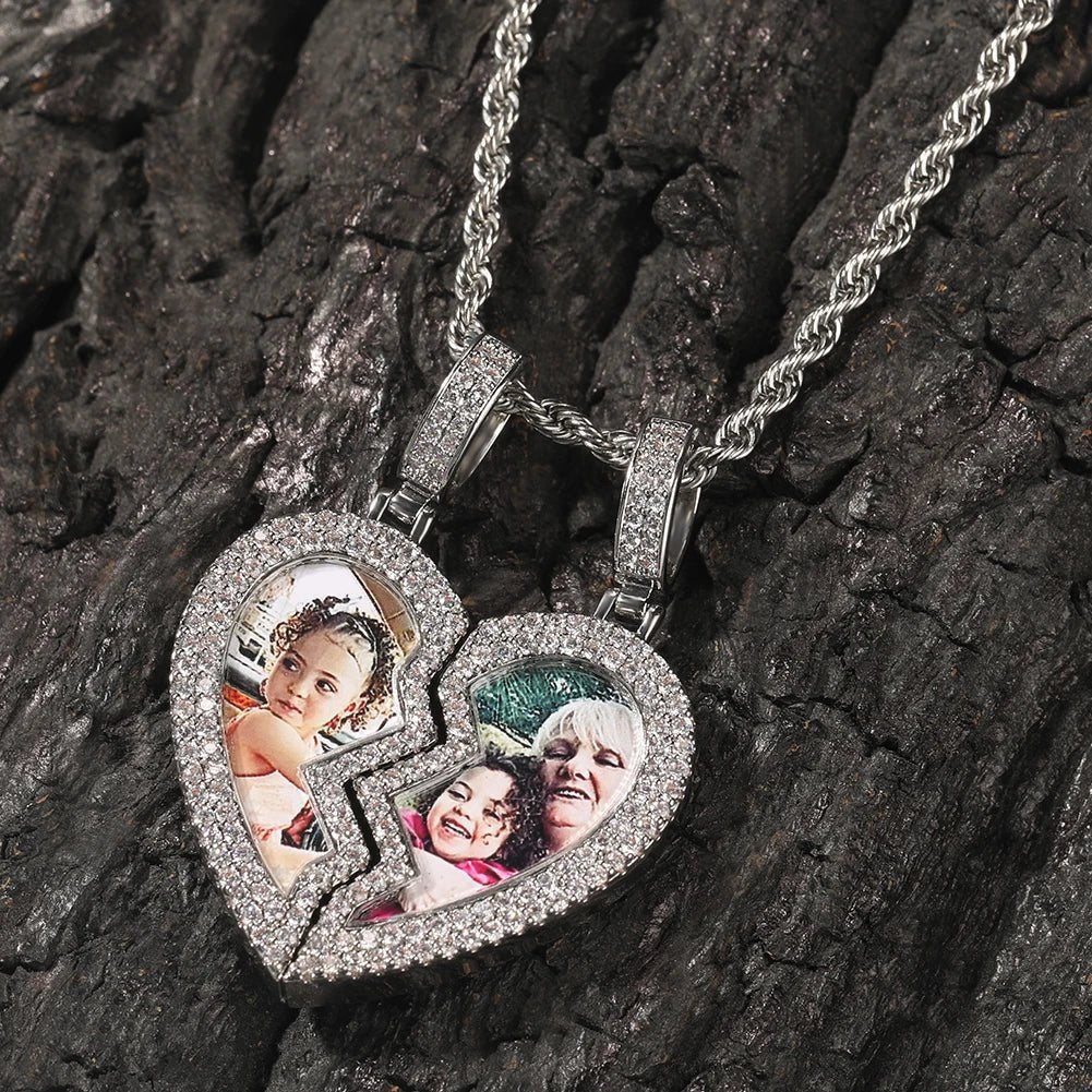 CZ Broken Heart Magnet Photo Pendant with Rope Chain - Uniquely You Online - Pendant with Necklace