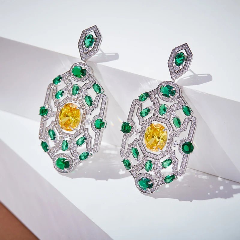 CZ Elegant Yellow/Green Geometric Statement Set - Uniquely You Online - Necklace and Earrings