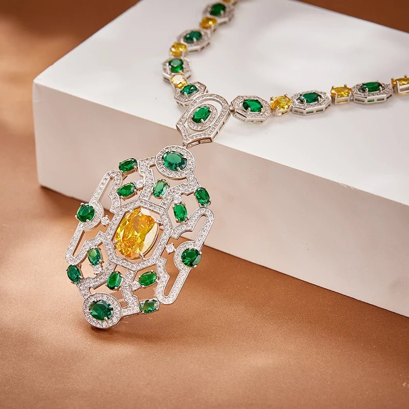 CZ Elegant Yellow/Green Geometric Statement Set - Uniquely You Online - Necklace and Earrings