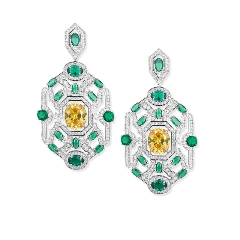 CZ Elegant Yellow/Green Geometric Statement Set - Uniquely You Online - Necklace and Earrings