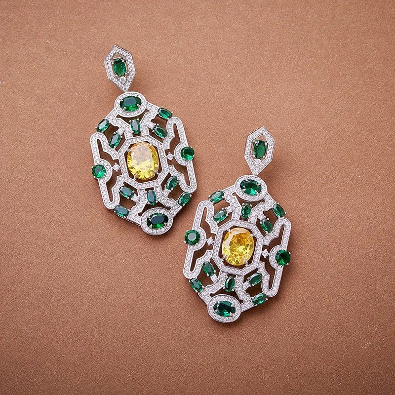 CZ Elegant Yellow/Green Geometric Statement Set - Uniquely You Online - Necklace and Earrings