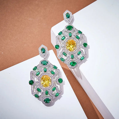 CZ Elegant Yellow/Green Geometric Statement Set - Uniquely You Online - Necklace and Earrings