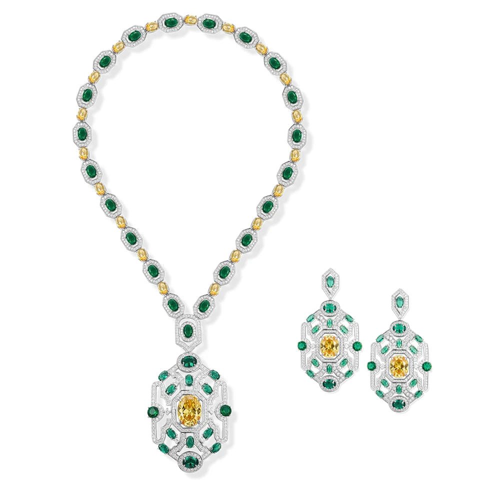 CZ Elegant Yellow/Green Geometric Statement Set - Uniquely You Online - Necklace and Earrings