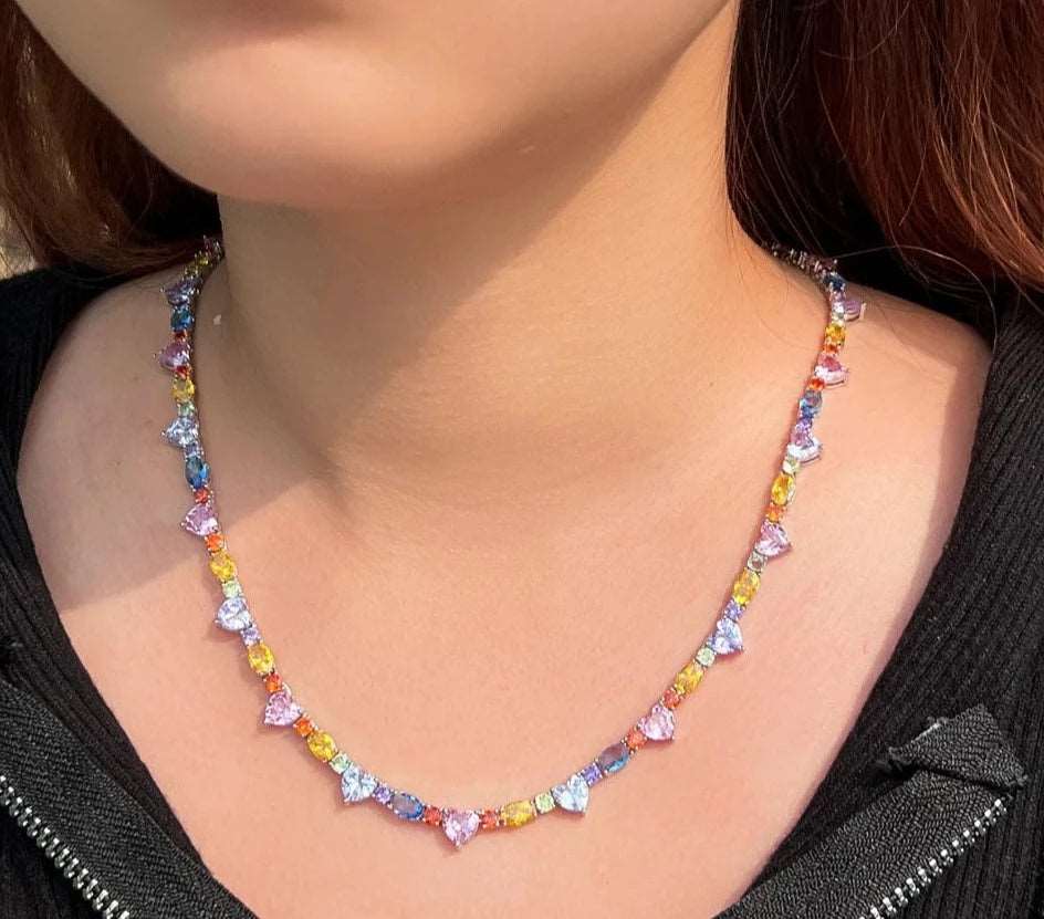 CZ Heart Multicolor Tennis Necklace - Uniquely You Online - Necklace