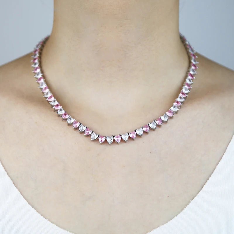 CZ Pink and White Heart Tennis Necklace - Uniquely You Online - Necklace