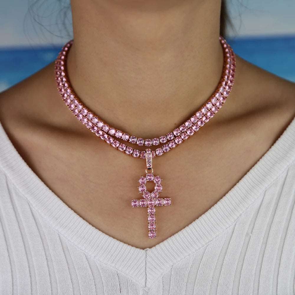 CZ Pink Ankh Pendant with Tennis Necklace - Uniquely You Online - Pendant with Necklace